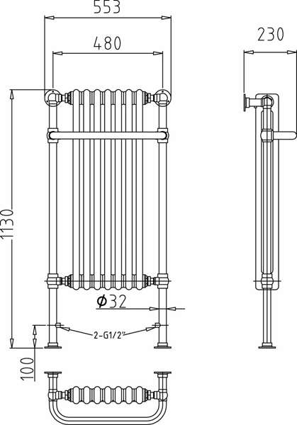 Technical image of HR Traditional Tall Marquis Towel Radiator. 1130x553 (Chrome).