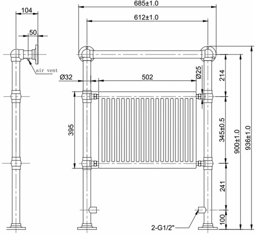 Technical image of HR Traditional Duchess Towel Radiator. 936x685 (Chrome & White).