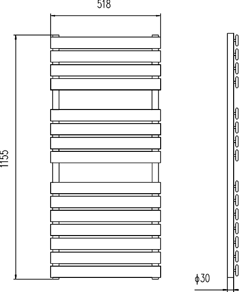 Technical image of HR Pro Series Plazza heated towel rail (chrome). 520x1155mm. 2200 BTU