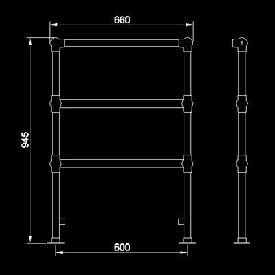 Technical image of HR Traditional Countess heated towel rail (gold). 660x940mm. 864 BTU