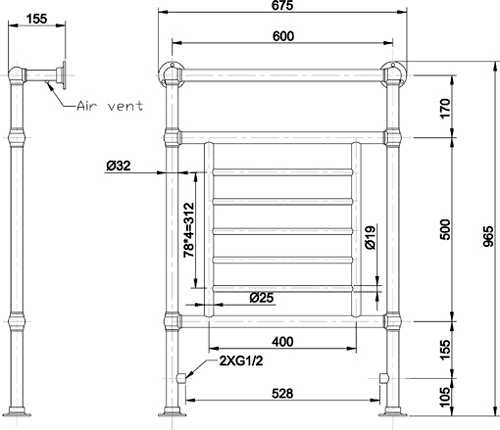 Technical image of Ultra Radiators Dorchester Heated Towel Rail (Chrome). 675x965mm.