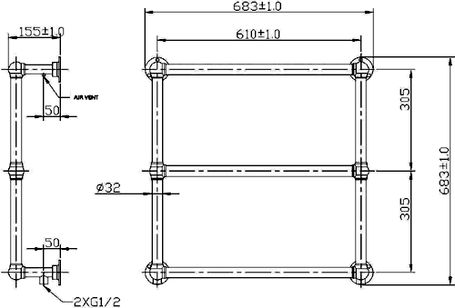 Technical image of Ultra Radiators Cotswold Heated Towel Rail (Chrome). 685x685mm.