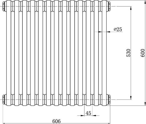 Technical image of Hudson Reed Colosseum 3 Column Radiator With Legs (White). 606x600mm.