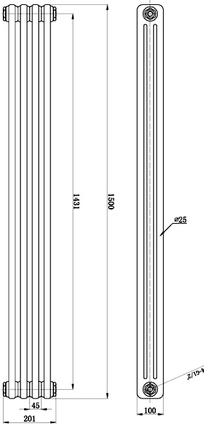 Technical image of Hudson Reed Colosseum 3 Column Vertical Radiator (White). 201x1500mm.