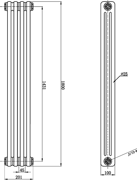 Technical image of Hudson Reed Colosseum 3 Column Vertical Radiator (White). 201x1800mm.