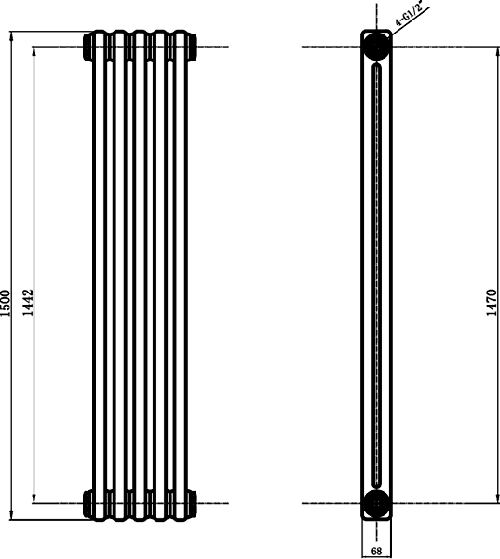 Technical image of Hudson Reed Colosseum 2 Column Vertical Radiator (White). 291x1500mm.