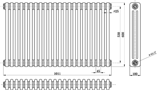 Technical image of Hudson Reed Colosseum Triple Column Radiator (Black). 1011x600mm.