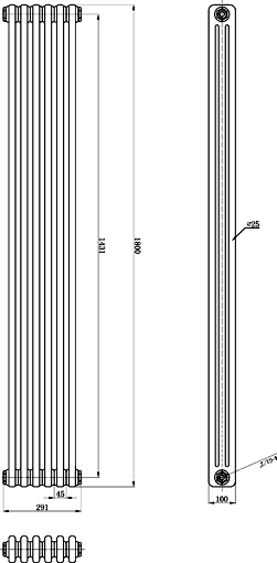 Technical image of Hudson Reed Colosseum Triple Column Radiator (Black). 291x1800mm.