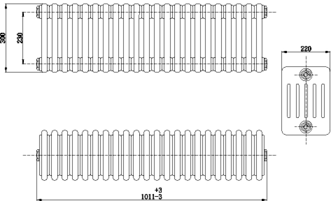 Technical image of Hudson Reed Colosseum 6 Column Radiator With Legs (White). 1011x480x220mm.