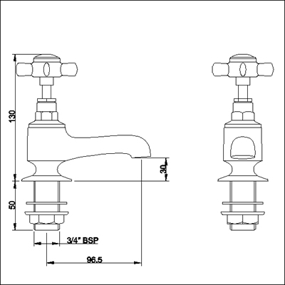 Technical image of Nuie Beaumont Heavy Pattern Bath taps (Pair, Chrome)