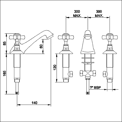 Technical image of Nuie Beaumont 3 Tap Hole Basin Mixer + free Pop-up Waste (Gold, Special Order)