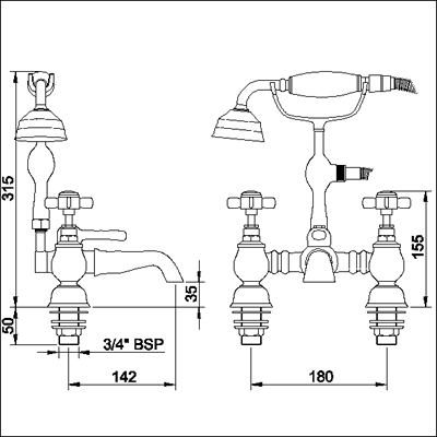 Technical image of Ultra Beaumont Luxury 3/4" Bath Shower Mixer (Gold, Special Order)