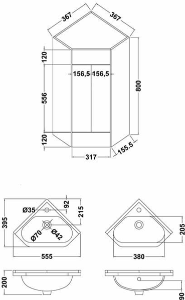 Technical image of Italia Furniture Corner Vanity Unit With Door, Basin & Cabinet (555mm, White).