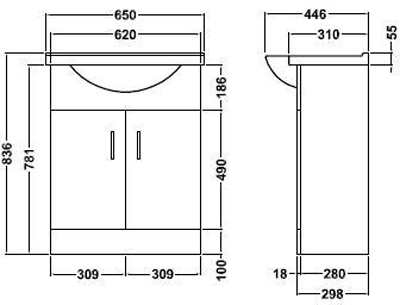 Technical image of Italia Furniture Vanity Unit Pack With Type 1 Basin & Mirror (650mm, White).