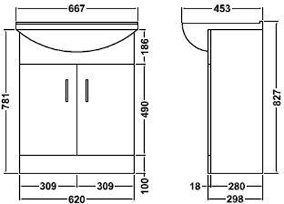 Technical image of Italia Furniture Vanity Unit Pack With Type 2 Basin & Mirror (650mm, White).