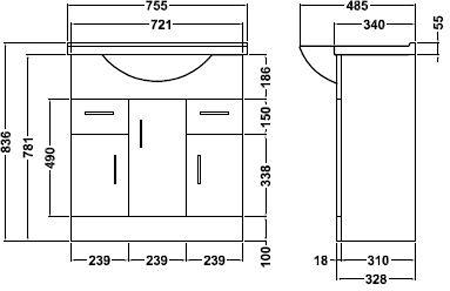 Technical image of Italia Furniture Vanity Unit Pack With Type 1 Basin & Mirror (750mm, White).