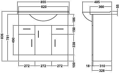 Technical image of Italia Furniture Vanity Unit Pack With Type 1 Basin & Mirror (850mm, White).