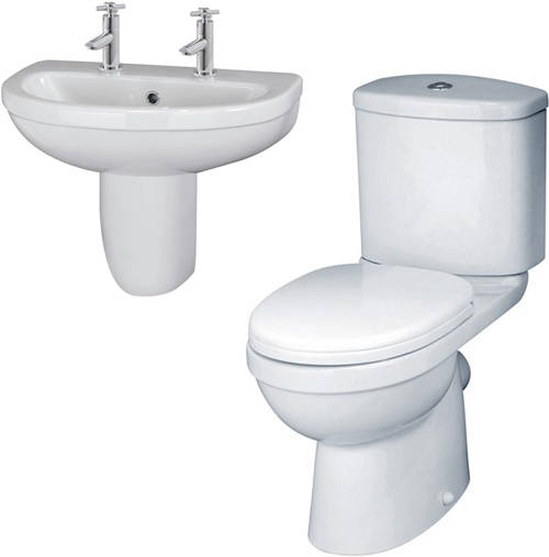Larger image of Crown Ceramics Ivo Suite With Toilet, 550mm Basin & Semi Pedestal (2 Tap Hole).
