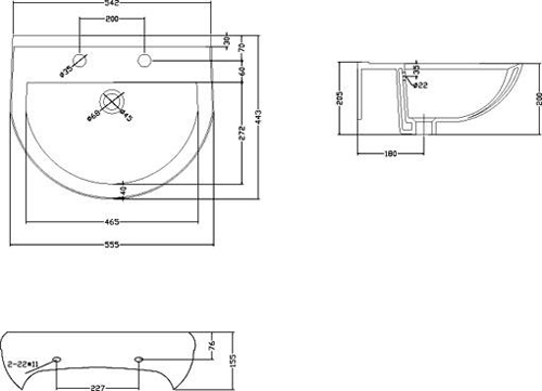 Technical image of Crown Ceramics Ivo Suite With Toilet, 550mm Basin & Semi Pedestal (2 Tap Hole).