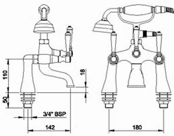 Technical image of Hudson Reed Jade Basin Taps & Bath Shower Mixer Tap Set With Lever Heads.