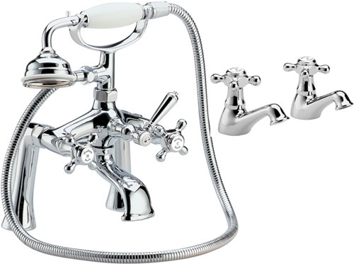 Larger image of Hudson Reed Jade Basin Taps & Bath Shower Mixer Tap Set With Cross Heads.