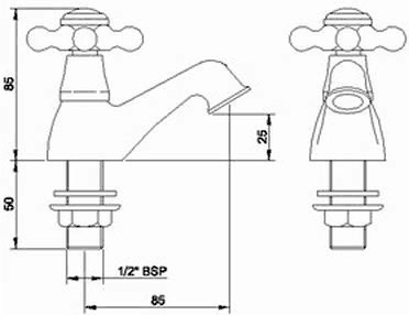 Technical image of Hudson Reed Jade Basin Taps & Bath Shower Mixer Tap Set With Cross Heads.