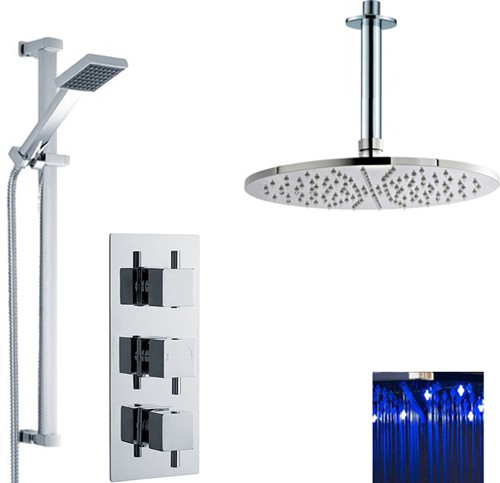 Larger image of Nuie Showers Triple Thermostatic Shower Valve, LED Head & Slide Rail Kit.