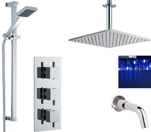 Larger image of Premier Showers Triple Shower Valve, LED Head & Slide Rail Kit & Bath Spout.