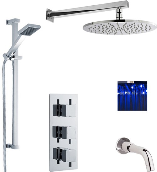 Larger image of Premier Showers Triple Shower Valve, LED Head & Slide Rail Kit & Bath Spout.