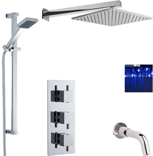 Larger image of Premier Showers Triple Shower Valve, LED Head & Slide Rail Kit & Bath Spout.