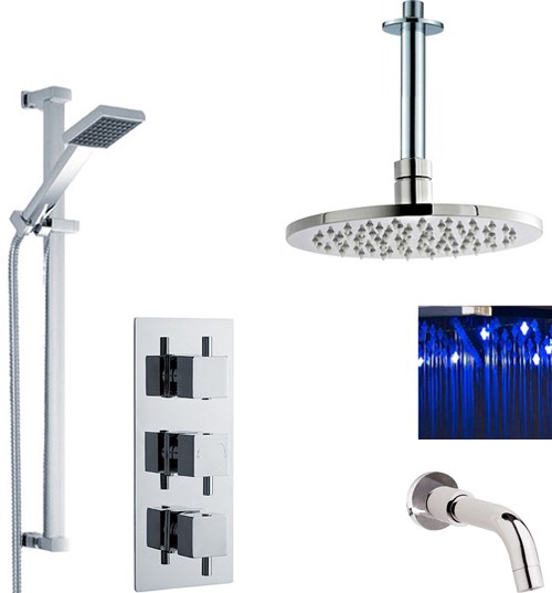 Larger image of Premier Showers Triple Shower Valve, LED Head & Slide Rail Kit & Bath Spout.
