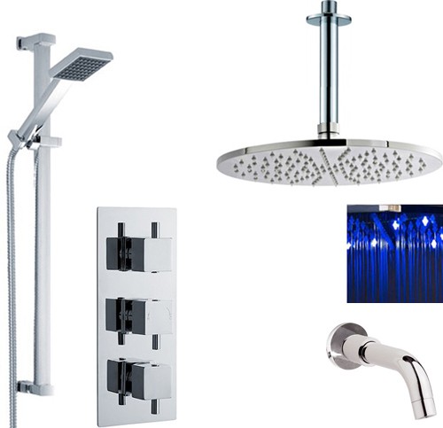 Larger image of Premier Showers Triple Shower Valve, LED Head & Slide Rail Kit & Bath Spout.