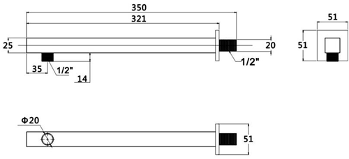 Technical image of Crown Showers Twin Thermostatic Shower Valve, Arm & Square Head 200mm.