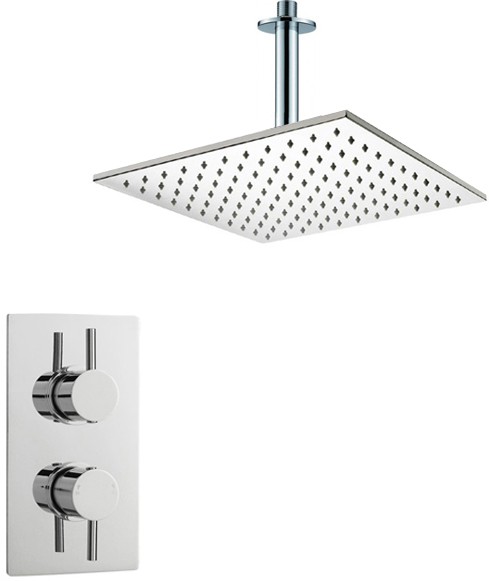 Larger image of Crown Showers Twin Thermostatic Shower Valve, Arm & Square Head 400mm.