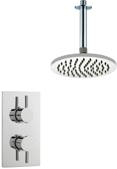 Larger image of Crown Showers Twin Thermostatic Shower Valve, Arm & Round Head 200mm.