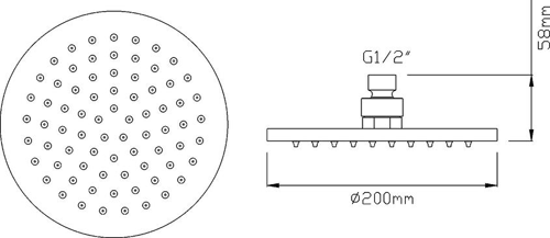 Technical image of Crown Showers Twin Thermostatic Shower Valve, Arm & Round Head 200mm.