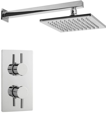 Larger image of Crown Showers Twin Thermostatic Shower Valve, Arm & Square Head 200mm.