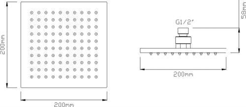 Technical image of Crown Showers Twin Thermostatic Shower Valve, Arm & Square Head 200mm.