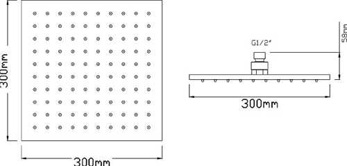 Technical image of Crown Showers Shower Set With Body Jets & Square Head (300x300mm).