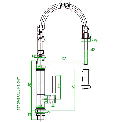 Technical image of Hudson Reed Kitchen Single lever pre-rinse mixer tap. 737mm high.