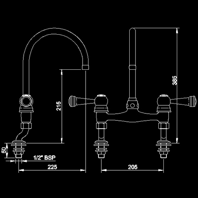 Technical image of Hudson Reed Kitchen dualflow lever head bridge sink mixer
