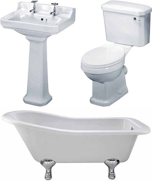 Larger image of Premier Suites Kensington 1500mm Slipper Bath With Toilet & Basin.
