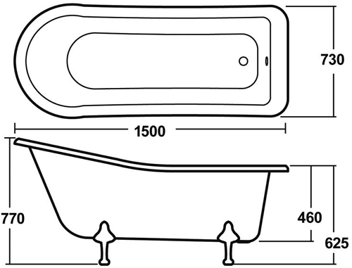 Technical image of Premier Suites Kensington 1500mm Slipper Bath With Toilet & Basin.