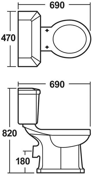 Technical image of Premier Suites Kensington 1500mm Slipper Bath With Toilet & Basin.