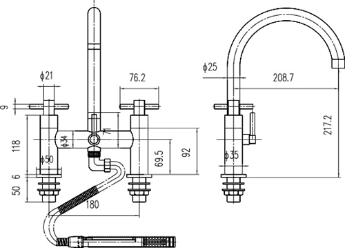 Technical image of Hudson Reed Kristal Bath Shower Mixer With Shower Kit And Wall Bracket.