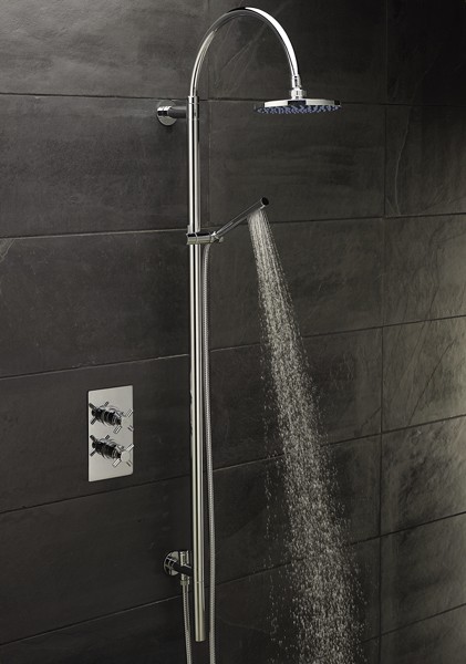 Example image of Hudson Reed Kristal Twin Thermostatic Shower Valve & Grand Rigid Riser Kit.