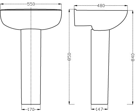 Technical image of Nuie Lawton Bathroom Suite With Toilet, 550mm Basin & Pedestal.