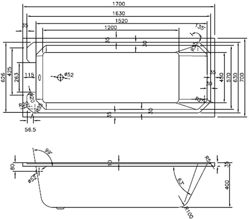 Technical image of Nuie Luxury Baths Traditional Single Ended Bath 1700x700mm.