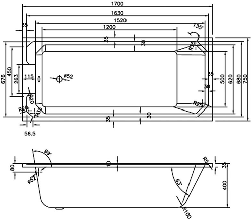 Technical image of Nuie Luxury Baths Traditional Single Ended Bath 1700x750mm.