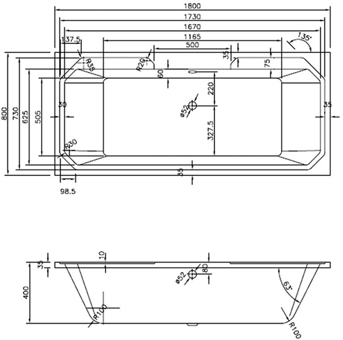 Technical image of Nuie Luxury Baths Traditional Double Ended Bath 1800x800mm.